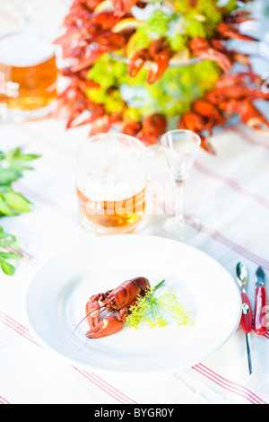 Mahlzeit mit Krebse auf Gartentisch Stockfoto