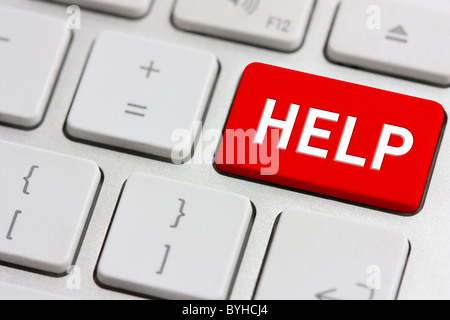 Schaltfläche "Hilfe" in rot auf einem modernen Silber-Tastatur Stockfoto