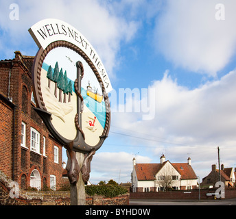 Ortsschild, Brunnen neben das Meer, Norfolk, Großbritannien Stockfoto