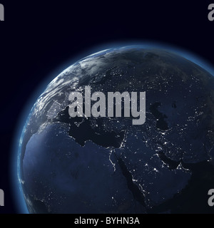 Nacht-Globus mit Lichter der Stadt, detaillierte Karte von Asien, Europa, Afrika, Arabien Stockfoto