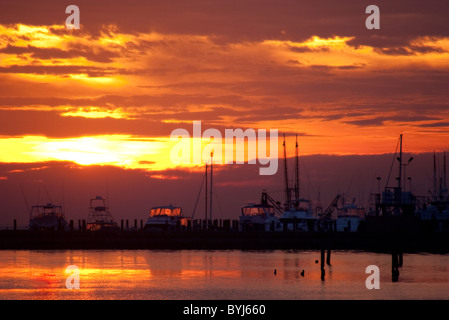 Krabbenkutter angedockt bei Sonnenuntergang in Biloxi, Mississippi. Stockfoto