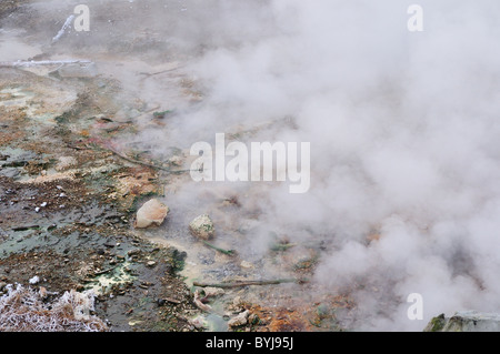 Dampf steigt aus dem kochenden Wasser einer heißen Quelle. Yellowstone-Nationalpark, Wyoming, USA. Stockfoto