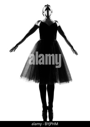 schöne kaukasischen hochgewachsene Frau Ballerina Ballett Tutu Tänzer tanzen stehen Zehenspitzen Pose in voller Länge auf weißem Hintergrund Studio isoliert Stockfoto