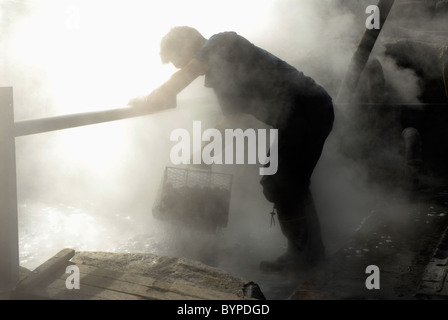 Mann, entfernen von gekochten Eiern aus natürlichen heißen Schwefel Quellen in Hakone Nationalpark, Japan. Stockfoto