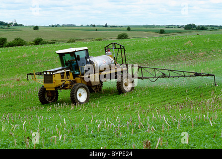 Landwirtschaft - chemische Anwendung eine RoGator gilt für frühen Wachstum Roundup Ready Soja Roundup Ultra / Iowa, USA. Stockfoto