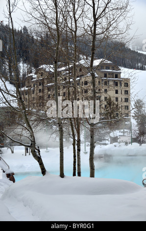 Das Summit Hotel im Winter. Big Sky Ski Resort, Montana, USA. Stockfoto