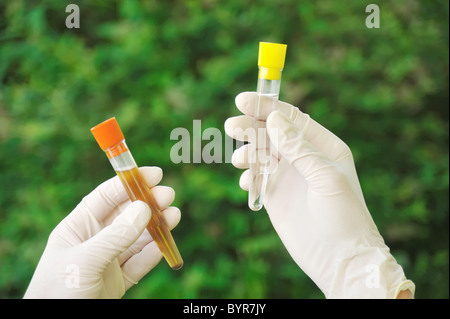 Saubere und schmutzige Wasserproben in Händen Stockfoto