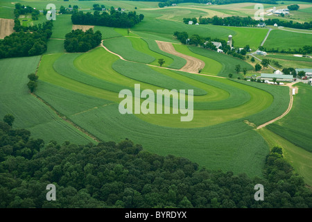 Luftaufnahme von Gehöften und landwirtschaftlich genutzten Feldern mit Coutour Streifen von Körnermais und Luzerne im Frühsommer / Pennsylvania. Stockfoto