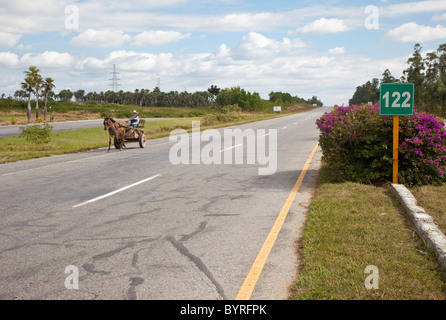 Kuba, Pinar Del Rio Region Viñales (Vinales) Bereich. Autobahn A4. Pferdefuhrwerk mit einem Divided Highway. Stockfoto