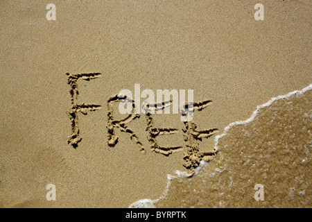 "Frei" im nassen Sand geschrieben. Bitte siehe meine Sammlung ähnlicher Fotos. Stockfoto