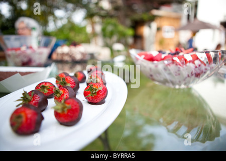 Schokolade getaucht Erdbeeren und fruchtigen Snacks in einer Schüssel auf einer Gartenparty in Victoria, BC, Kanada. Stockfoto