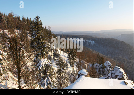 Winterliche Landschaft Hahnenklippen, Nationalpark Harz, Deutschland Stockfoto