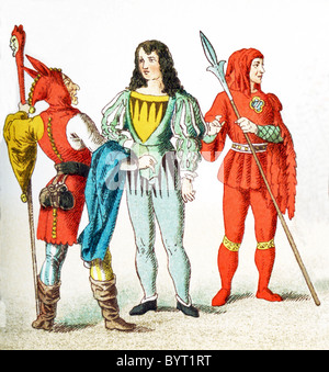 Die Zahlen, die hier vertreten sind die deutschen zwischen 1450-1500 n. Chr.. Sie sind von links nach rechts: Narr, Ritter und Gerichtsvollzieher. Stockfoto