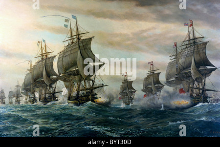 Französische und britische Flotten in der Linie der Schlacht off Virginia Capes, 5. September 1781 Stockfoto