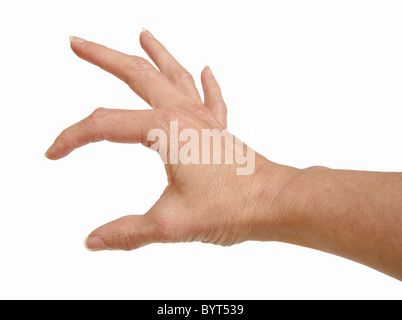 Weibliche menschliche Hand mit den Fingern hält so etwas Stockfoto