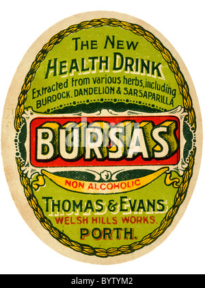 Alte Papier Pop-Label für Schleimbeutel alkoholfreies Getränk von Thomas & Evans walisischen Hügeln Werke Porth. EDITORIAL NUR Stockfoto