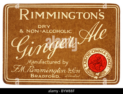 Alte Papier pop-Label für alkoholfreie Gingerale von F M Rimmington und Sohn Bradford hergestellt. EDITORIAL NUR Stockfoto