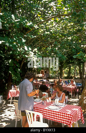 Leute, Touristen, Essen, Le Karacoli Restaurant, Kreolisch Essen und Trinken, Grande Anse, Stadt, Basse-Terre Deshaies, Guadeloupe, Französisch Westindien Stockfoto