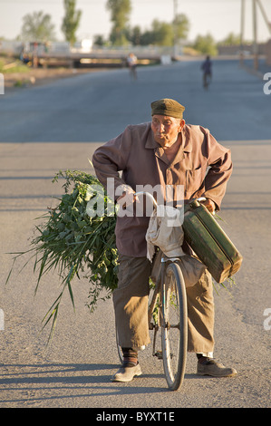 Älterer Mann auf dem Fahrrad mit Gemüse. Chiwa, Usbekistan Stockfoto