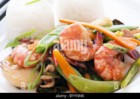 Thai Chili Meeresfrüchte mit Basmati-Reis als Closeup auf einem weißen Teller Stockfoto