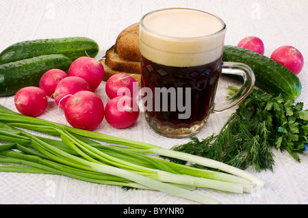 Sommer-Kwas-Suppe auf bedienten Tisch mit Zutaten Stockfoto