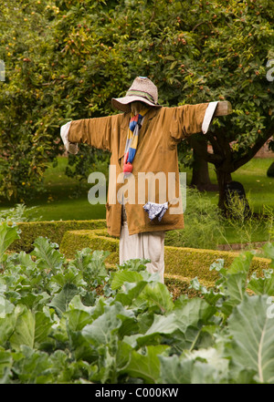 Gut gekleidete Vogelscheuche im Gemüsegarten. Stockfoto