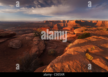 Sunrise Morgenlicht gleitet die rote glatte Felsen bei Dead Horse Point State Park als der Colorado River beugt unten, Utah, USA. Stockfoto