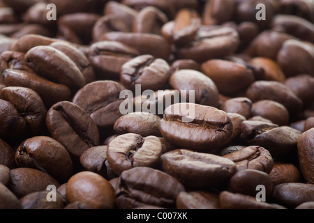 Nahaufnahme von Kaffeebohnen mit kurzen Schärfentiefe. Stockfoto