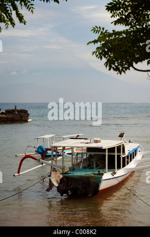 Traditionelle Fischerboote und Pendler Ausleger bevölkern Tamarind Bay auf der balinesischen Insel Nusa Lembongan. Stockfoto