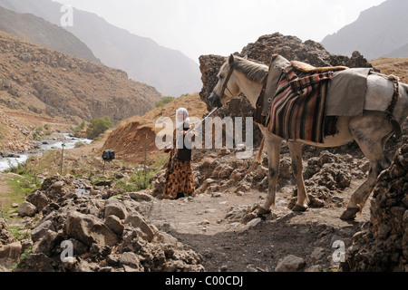 Eine nomadische kurdische Schäferin, die ihr Pferd aus einer Höhle in der Nähe des Dorfes Bahcesaray in den Zagros-Bergen im Südosten der Türkei führt. Stockfoto