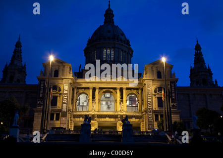 Nationalen Kunstmuseum von Katalonien, MNAC beleuchtet in der Nacht in Barcelona, Katalonien, Spanien Stockfoto