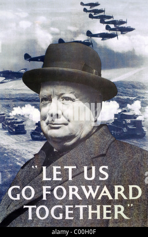 Lassen Sie uns gehen nach vorne zusammen - 1940 britische Poster mit Premierminister Winston Churchill und Hurricane Jagdflugzeug Stockfoto