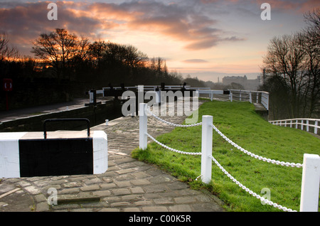 Steigen fünf Schleusen an der Bingley, West Yorkshire, Großbritannien Stockfoto