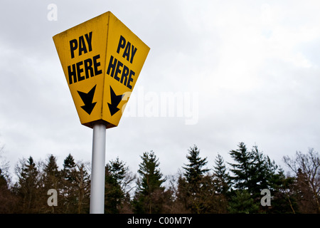 Wälder zu verkaufen? "Bezahlen Sie hier" Schild am Alice Holt Wald in Hampshire Stockfoto