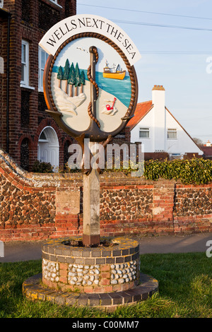 Ortsschild, Brunnen als nächstes das Meer, Norfolk Stockfoto