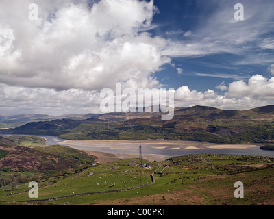 Telekommunikation-Mast hoch auf Hügeln mit Blick auf die Barmouth Mündung mit Fernblick Cadair Idris Stockfoto