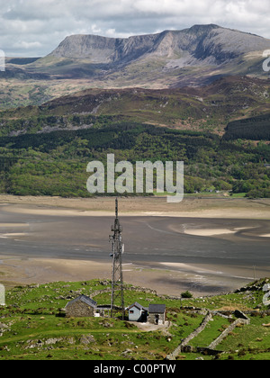 Telekommunikation-Mast hoch auf Hügeln mit Blick auf die Barmouth Mündung mit Fernblick Cadair Idris Stockfoto