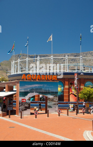 Südafrika, Kapstadt, Victoria & Alfred Waterfront. Zwei Oceans Aquarium, Tafelberg in der Ferne. Stockfoto