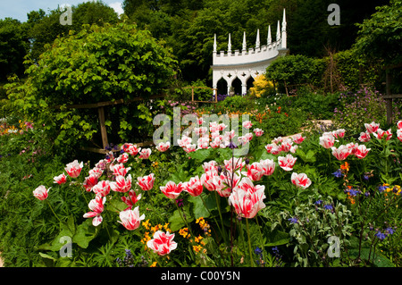 Bunte Anzeige von Frühlingsblumen im Garten Exedra im Painswick Rokoko Garden in The Cotswolds, Gloucestershire UK Stockfoto