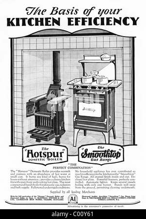 1920er Jahre ganzseitige Anzeige in Verbraucher-Magazin für HOTSPUR inländischen Kessel und SMOOTHTOP-Bereich Gas Stockfoto