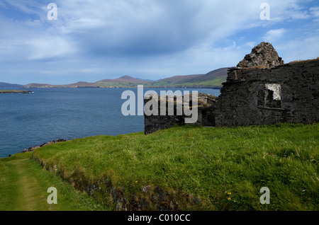 Evakuierten Häuser auf Great Blasket Island, den Blasket Inseln vor Slea Head auf der Halbinsel Dingle, County Kerry, Irland Stockfoto