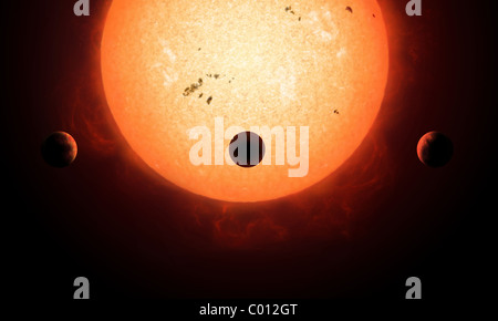 Künstlers Konzept eines erdähnlichen Planeten vorbei an einem sonnenähnlichen Stern. Stockfoto