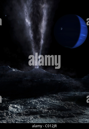 Ein kleiner Geysir auf der Oberfläche des Triton, mit Neptun im Hintergrund. Stockfoto