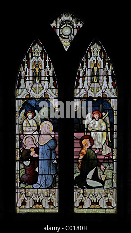 Ein Glasfenster, die Darstellung der drei Marien am Sepulchre, St Eata Kirche, Atcham, Shropshire Stockfoto