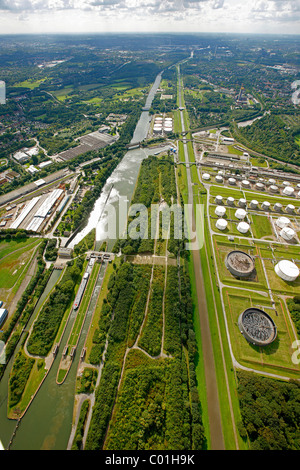 Luftaufnahme, Fluss, Rhein-Herne-Kanal, Emscherkunst.2010 Kunst-Projekt, Olaf Nicolai, Douglas Gordon, Mogwai Denkmal für, Emscher Stockfoto