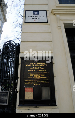 Aldersgate Street EC1 Schild an der Wand des St Botolph - ohne - Aldersgate City of London England UK Stockfoto