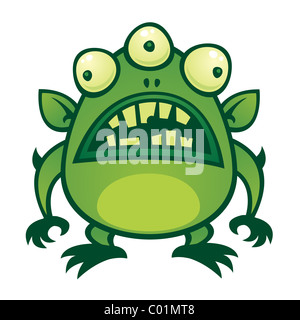 Vektor-Cartoon Illustration eine hässliche grüne alien Monster mit drei Augen. Stockfoto