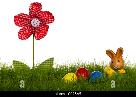 kleiner Osterhase mit Ostereiern und Drapierung Blume Gras mit weißem Hintergrund Stockfoto