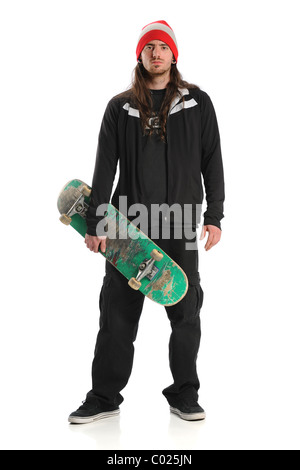 Porträt der Skateboarder stehen isoliert auf weißem Hintergrund Stockfoto