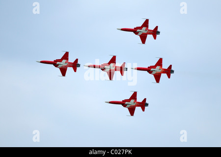 Patrouille Suisse Flyingin Bildung, offizielle Jet-Kunstflugstaffel der Schweizer Luftwaffe, Emmen, Schweiz, Europa Stockfoto